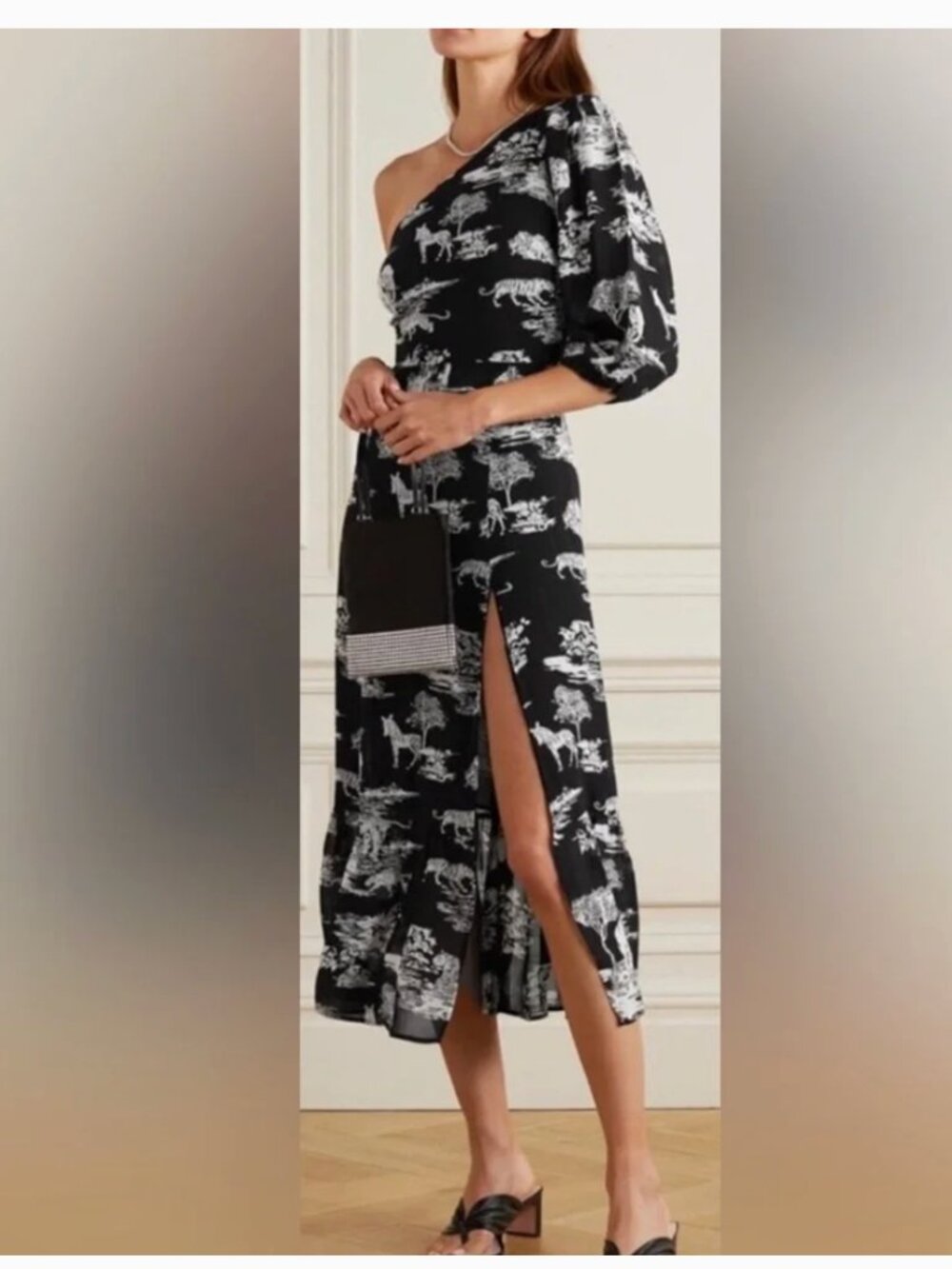 REFORMATION Freeport One Sleeve Belted Safari Printed Georgette Midi Dress Sz 6